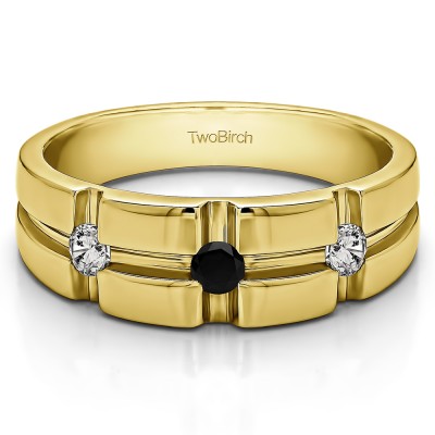 0.3 Ct. Black and White Three Stone Cross Designed Men's Wedding Ring in Yellow Gold