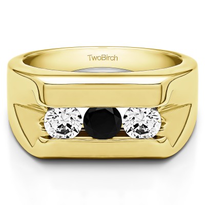 1 Ct. Black and White Three Stone Channel Set Men's Wedding Band in Yellow Gold
