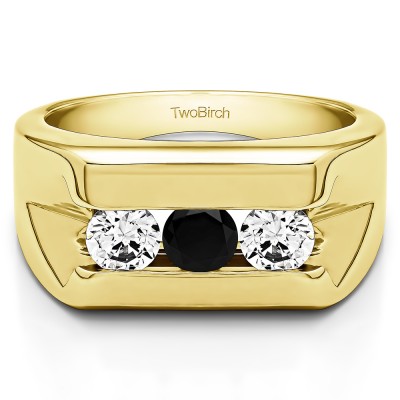 1 Ct. Black and White Three Stone Channel Set Men's Wedding Band in Yellow Gold