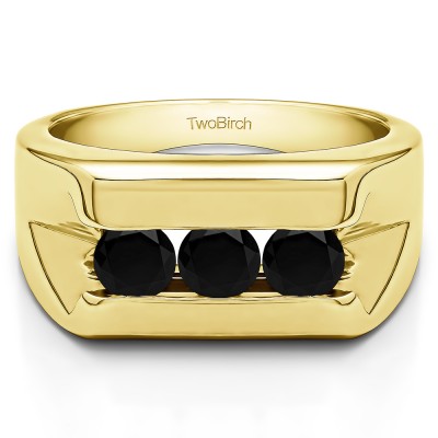 1 Ct. Black Three Stone Channel Set Men's Wedding Band in Yellow Gold