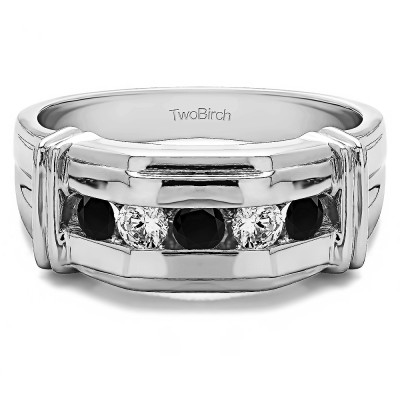 0.5 Ct. Black and White Five Stone Men's Ring with Ribbed Shank Design