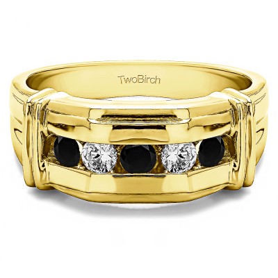 0.5 Ct. Black and White Five Stone Men's Ring with Ribbed Shank Design in Yellow Gold