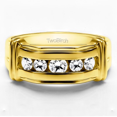 1 Ct. Five Stone Men's Ring with Ribbed Shank Design in Yellow Gold