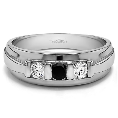 0.49 Ct. Black and White Three Stone Bar Set Men's Wedding Ring