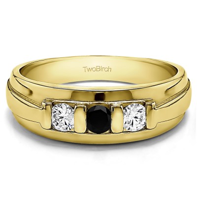 0.49 Ct. Black and White Three Stone Bar Set Men's Wedding Ring in Yellow Gold