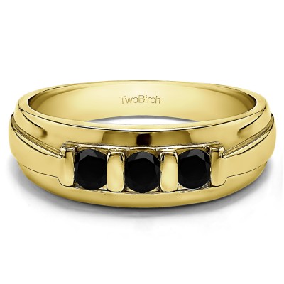 0.49 Ct. Black Three Stone Bar Set Men's Wedding Ring in Yellow Gold