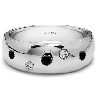 0.15 Ct. Black and White Stone Scattered Burnished Men's Wedding Ring