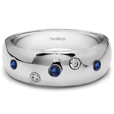 0.15 Ct. Sapphire and Diamond Scattered Burnished Men's Wedding Ring