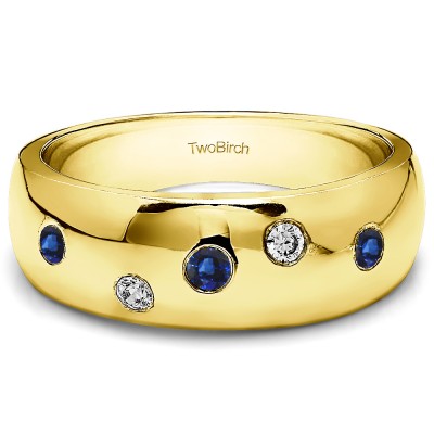 0.15 Ct. Sapphire and Diamond Scattered Burnished Men's Wedding Ring in Yellow Gold