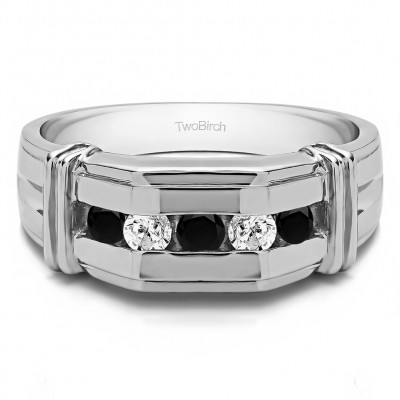 1 Ct. Black and White Stone Channel Set Men's Ring With Bars