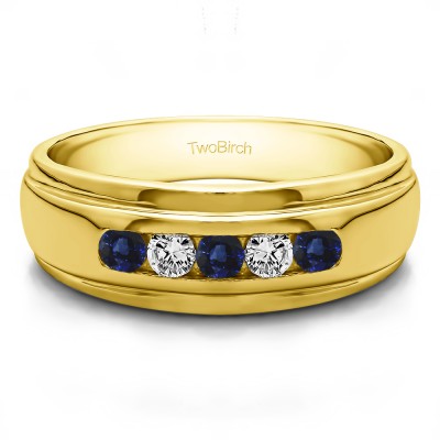 0.5 Ct. Sapphire and Diamond Five Stone Channel Set Men's Wedding Ring in Yellow Gold