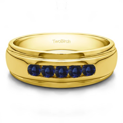 0.5 Ct. Sapphire Five Stone Channel Set Men's Wedding Ring in Yellow Gold