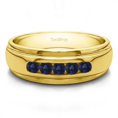 0.5 Ct. Sapphire Five Stone Channel Set Men's Wedding Ring in Yellow Gold