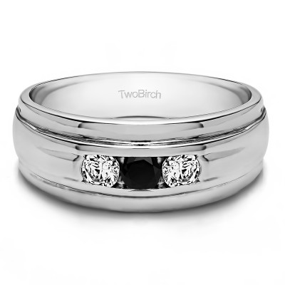 0.5 Ct. Black and White Three Stone Channel Set Men's Wedding Ring with Ribbed Shank