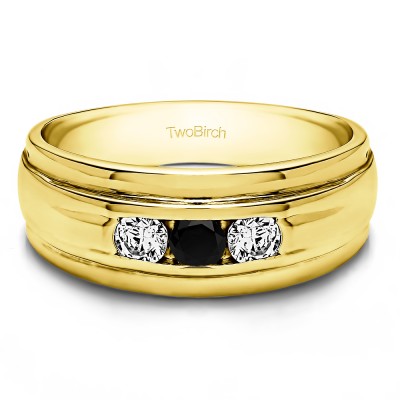 0.5 Ct. Black and White Three Stone Channel Set Men's Wedding Ring with Ribbed Shank in Yellow Gold
