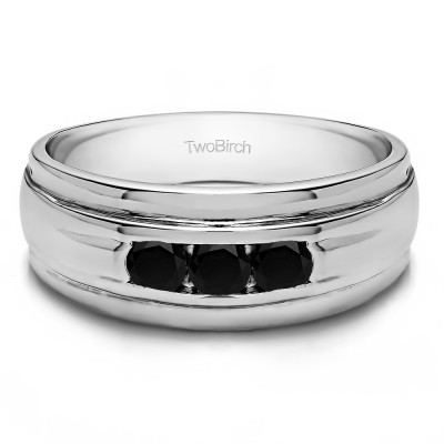 0.5 Ct. Black Three Stone Channel Set Men's Wedding Ring with Ribbed Shank