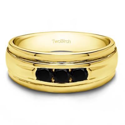 0.5 Ct. Black Three Stone Channel Set Men's Wedding Ring with Ribbed Shank in Yellow Gold