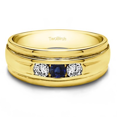0.5 Ct. Sapphire and Diamond Three Stone Channel Set Men's Wedding Ring with Ribbed Shank in Yellow Gold