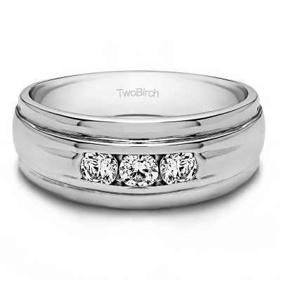 0.5 Ct. Three Stone Channel Set Men's Wedding Ring with Ribbed Shank