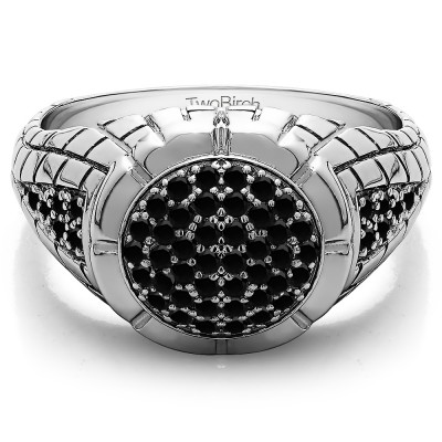 0.54 Ct. Black Stone Domed Men's Ring with Engraved Design