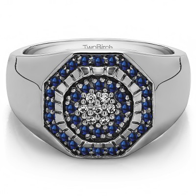0.48 Ct. Sapphire and Diamond Domed Men's Ring with Engraved Design