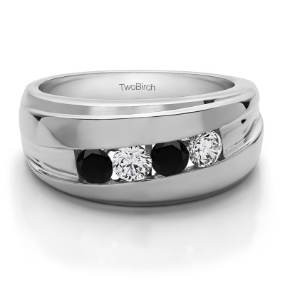 1.4 Ct. Black and White Stone Classic Channel Set Four Stone Men's Wedding Ring
