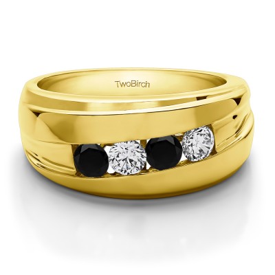 1.4 Ct. Black and White Stone Classic Channel Set Four Stone Men's Wedding Ring in Yellow Gold