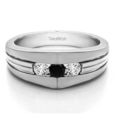 0.6 Ct. Black and White Stone Modern Three Stone Men's Ring