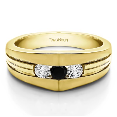 0.6 Ct. Black and White Stone Modern Three Stone Men's Ring in Yellow Gold