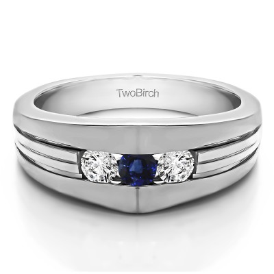 0.6 Ct. Sapphire and Diamond Modern Three Stone Men's Ring
