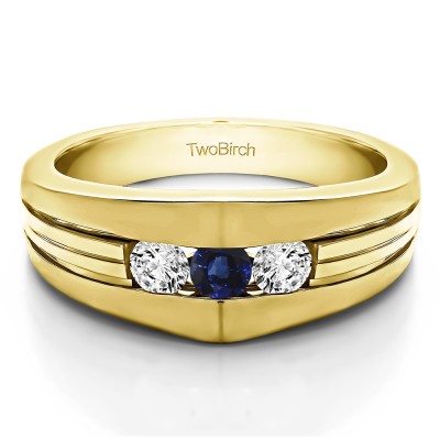 0.6 Ct. Sapphire and Diamond Modern Three Stone Men's Ring in Yellow Gold