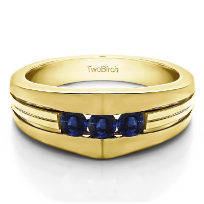 0.6 Ct. Sapphire Modern Three Stone Men's Ring in Yellow Gold