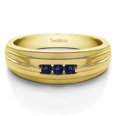 0.24 Ct. Sapphire Three Stone Channel Set Men's Ring in Yellow Gold