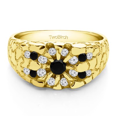0.71 Ct. Black and White Stone Contemporary Jaw Breaker Style Men's Ring in Yellow Gold