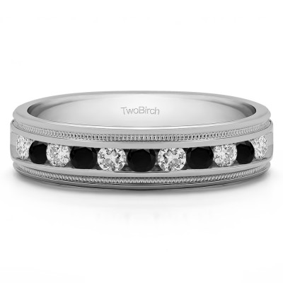 0.27 Ct. Black and White Stone Channel Set Men's Wedding Ring Featuring Millgrain Design