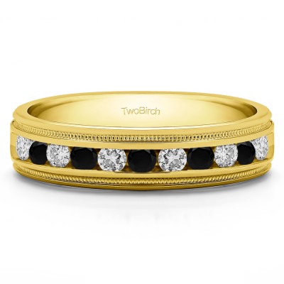 0.27 Ct. Black and White Stone Channel Set Men's Wedding Ring Featuring Millgrain Design in Yellow Gold