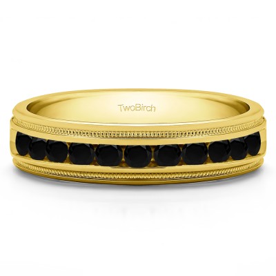 0.27 Ct. Black Stone Channel Set Men's Wedding Ring Featuring Millgrain Design in Yellow Gold