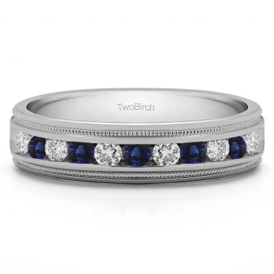 0.99 Ct. Sapphire and Diamond Channel Set Men's Wedding Ring Featuring Millgrain Design