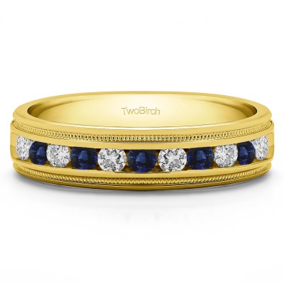 0.27 Ct. Sapphire and Diamond Channel Set Men's Wedding Ring Featuring Millgrain Design in Yellow Gold