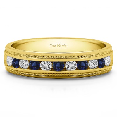 0.27 Ct. Sapphire and Diamond Channel Set Men's Wedding Ring Featuring Millgrain Design in Yellow Gold