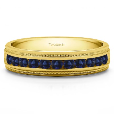0.27 Ct. Sapphire Channel Set Men's Wedding Ring Featuring Millgrain Design in Yellow Gold
