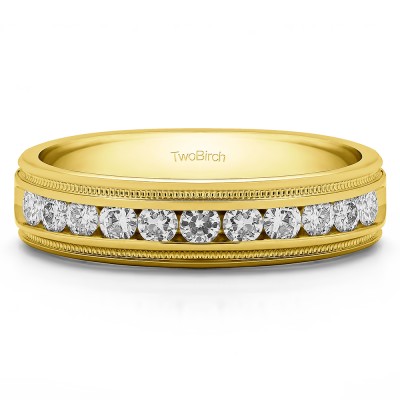 0.99 Ct. Channel Set Men's Wedding Ring Featuring Millgrain Design in Yellow Gold