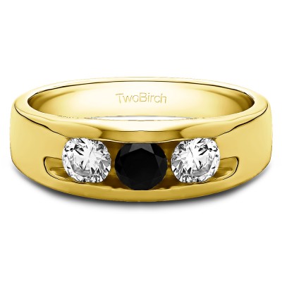 0.75 Ct. Black and White Three Stone Channel Set Men's Wedding Band in Yellow Gold