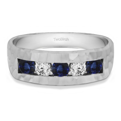 1 Ct. Sapphire and Diamond Five Stone Channel Set Men's Ring with Hammered Finish