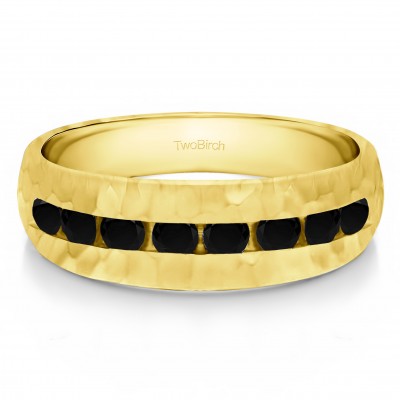 0.23 Ct. Black Stone Open End Channel Set Men's Wedding Band with Hammered Finish in Yellow Gold