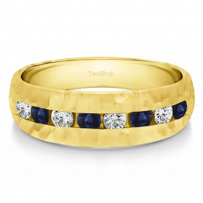 0.23 Ct. Sapphire and Diamond Open End Channel Set Men's Wedding Band with Hammered Finish in Yellow Gold