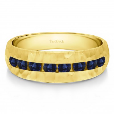 0.23 Ct. Sapphire Open End Channel Set Men's Wedding Band with Hammered Finish in Yellow Gold
