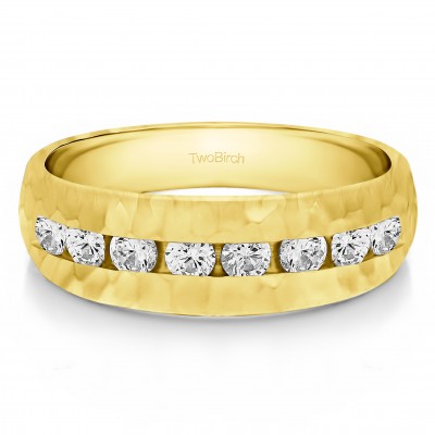 0.23 Ct. Open End Channel Set Men's Wedding Band with Hammered Finish in Yellow Gold
