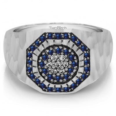 0.48 Ct. Sapphire and Diamond Domed Cluster Men's Ring with Hammered Finish