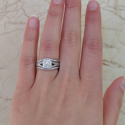 Vintage Halo Engagement Ring and Ring Guard Set, 2 Pieces (Ring Guard and Halo Engagement Ring)